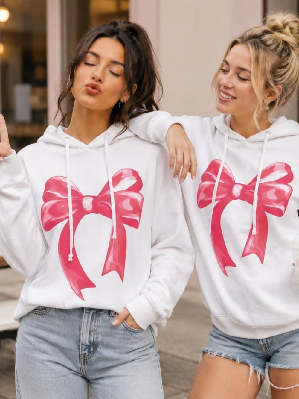 Active USA White Pink Bow Graphic French Terry Hoodie